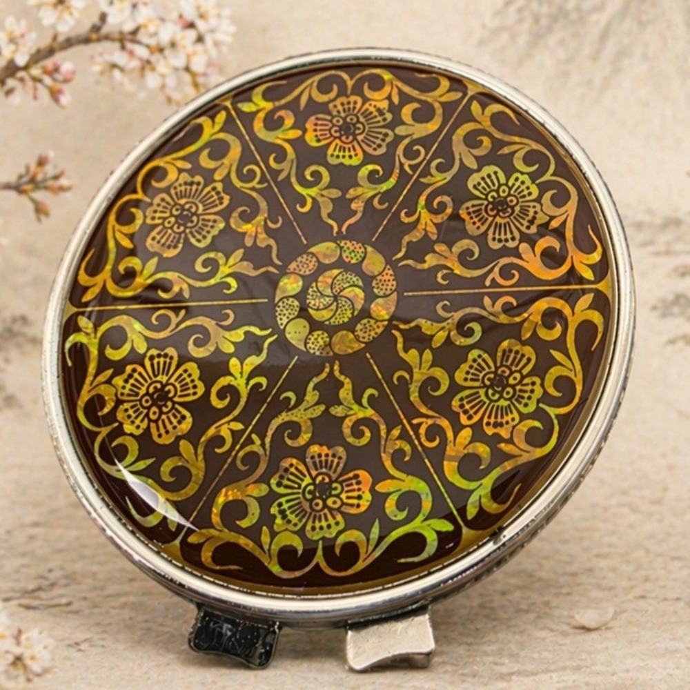 Korean Mother of Pearl Compact Mirror and Folding Purse Hanger Gift Set Silver - Picture 2 of 13
